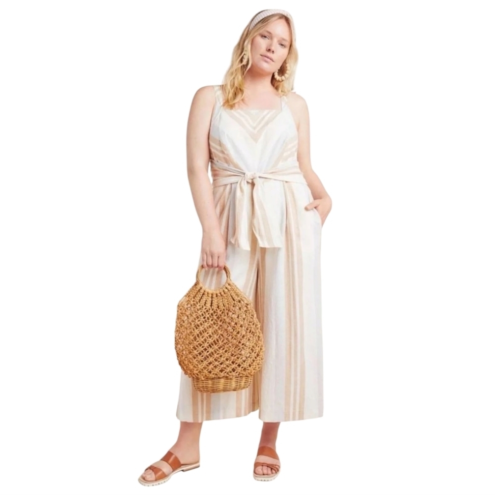 Anthropologie Tan and Cream Striped Jumpsuit - Picture 2 of 16